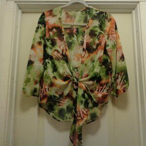 BOHEMIAN DREAMER RETRO SPLASH COLORS SHEER TIE TOP M